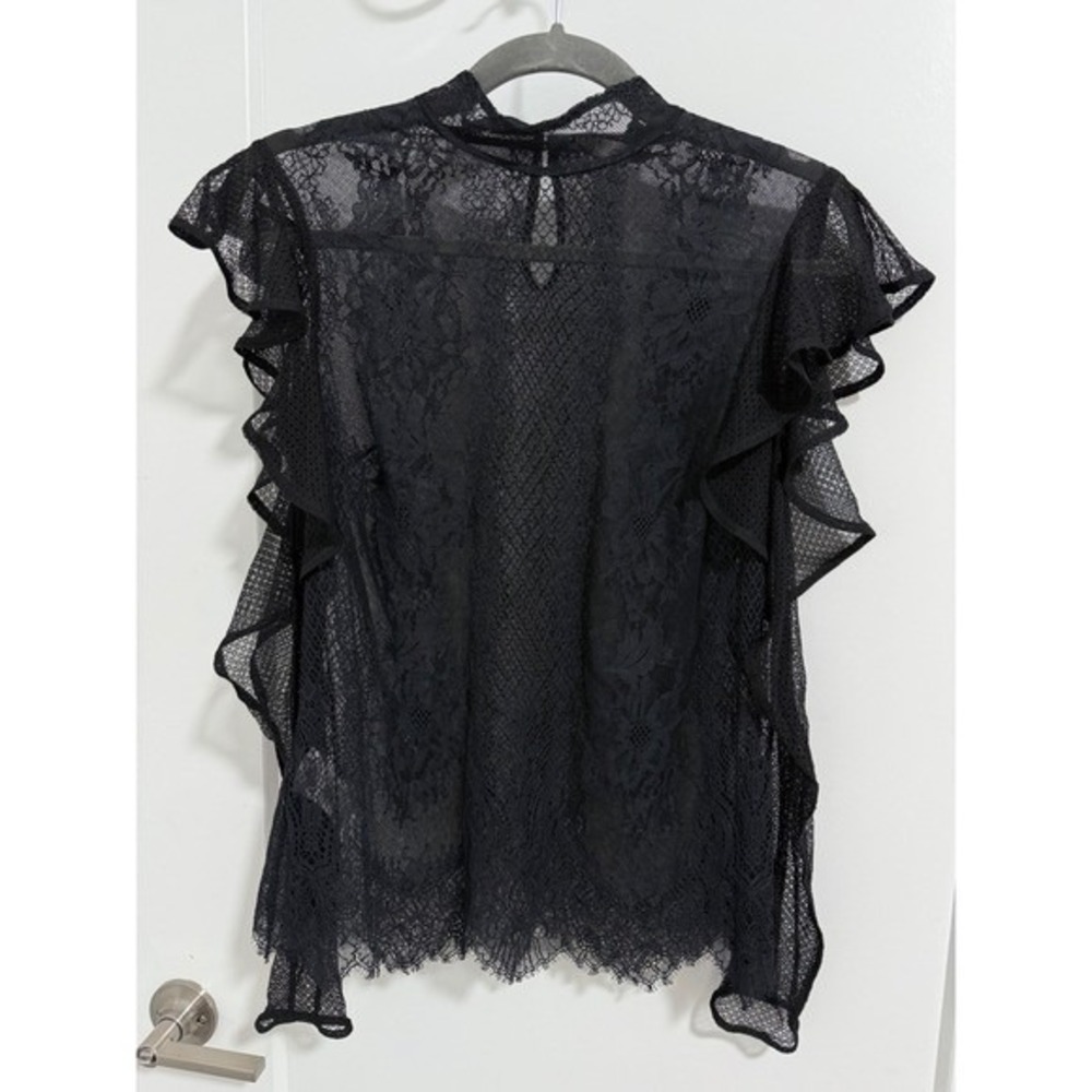 BCBGMaxAzria Sabian Black Lace‎ Ruffle Cold Shoulder Mock Neck Blouse Top XXS - Picture 7 of 12